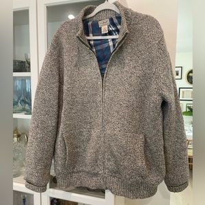 L.L. Bean Flannel Lined Zip Front 100% Lambs Wool Sweater EUC Gray Size XL